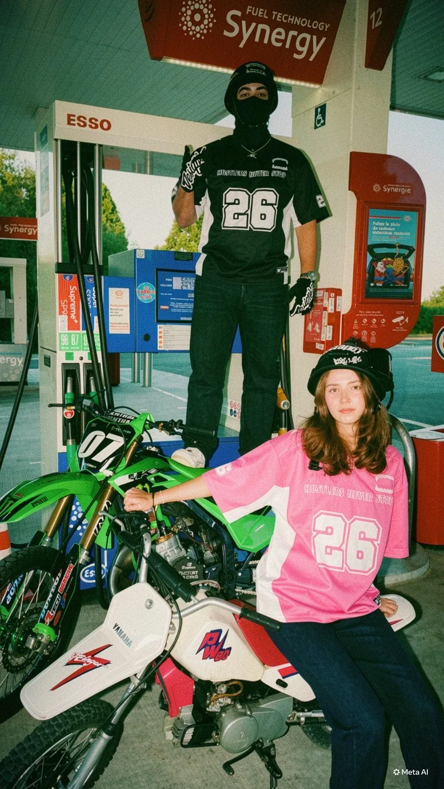 Riders GRINDZ en jerseys BLACK OUT et FLAMINGO 26 avec leurs motocross dans une station-service Esso