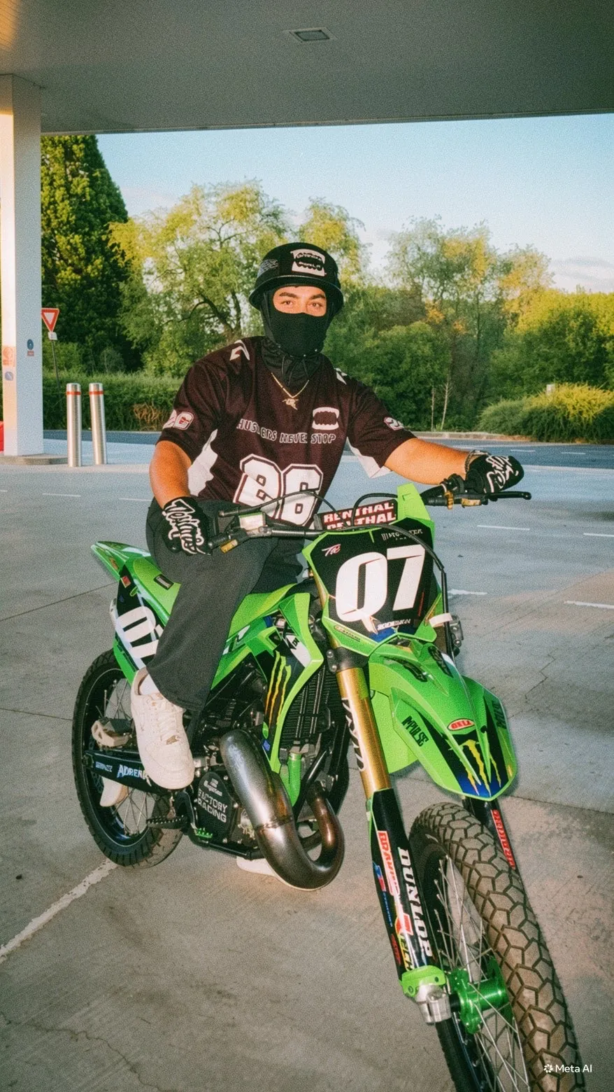 Rider GRINDZ en jersey GAMEDAY sur une motocross verte en station-service